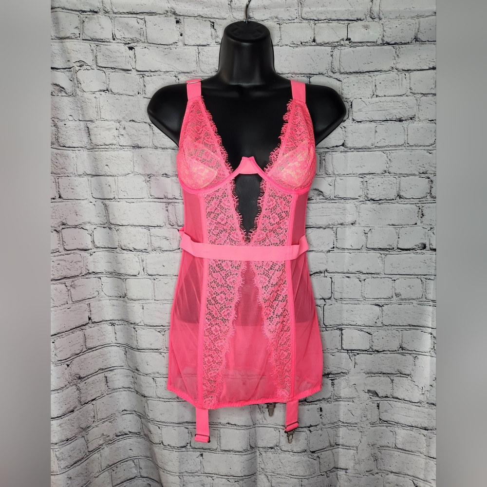 Victoria's Secret Very Sexy Hot Neon Pink Banded Corset Bustier Size 36C